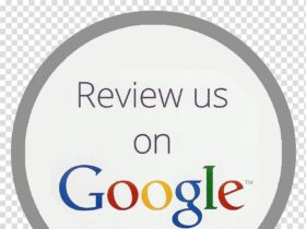 A circular badge with a grey border and transparent background displays the text "Review us on Google." The word "Google" is written in the company's signature colors: blue, red, yellow, and green.