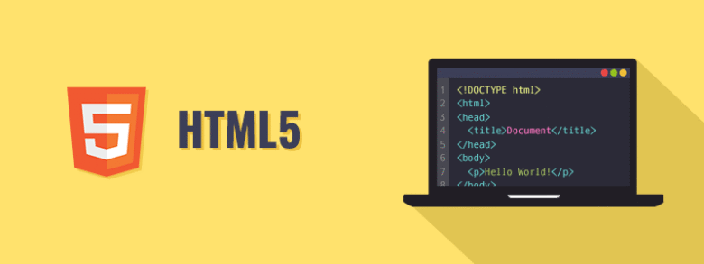 Image of an HTML5 logo on the left and a laptop screen displaying HTML code on the right, set against a yellow background. The HTML code includes a basic structure with a "Hello World" message.