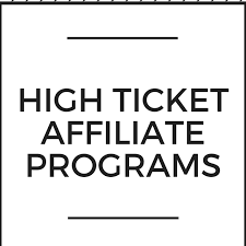 Text image with a white background and black border, displaying the words "HIGH TICKET AFFILIATE PROGRAMS" in black capital letters. There are two thin horizontal black lines, one above and one below the text.