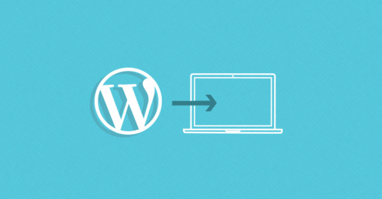 A blue background featuring a white WordPress logo on the left, an arrow pointing right in the middle, and an outline of a laptop screen on the right.