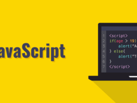 A yellow background with the JavaScript logo and text on the left. On the right, there is a black laptop displaying JavaScript code: "if (age > 19){ alert('Adult'); } else { alert('Teenager'); }" in the coding environment.
