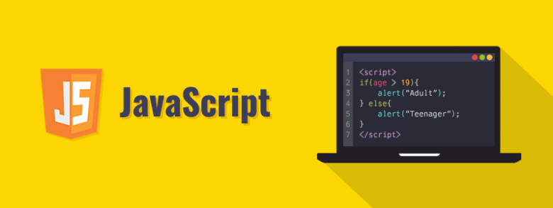 A yellow background with the JavaScript logo and text on the left. On the right, there is a black laptop displaying JavaScript code: "if (age > 19){ alert('Adult'); } else { alert('Teenager'); }" in the coding environment.