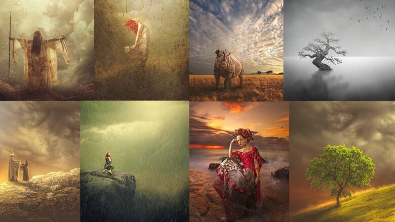 A collage of 9 surreal art pieces features various scenes: a cloaked figure holding a staff, a person with a bird mask, a rhinoceros in a savanna, a tree in foggy water, two cloaked figures, a small figure on a rock, a woman in a gown, and two landscapes with trees.