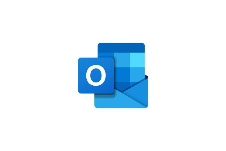 The image displays the Microsoft Outlook logo, consisting of a stylized blue "O" on a rectangular icon overlapping a partially opened envelope with a blue gradient design.