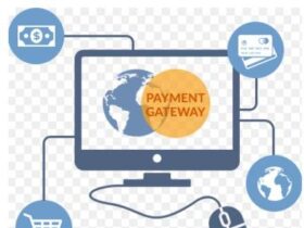 A computer screen displays the text "Payment Gateway" with a globe graphic in the background. Four icons surround the screen: a shopping cart, currency notes, a credit card, and a globe. A computer mouse is connected to the screen, indicating online transactions.