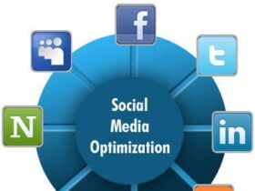 A graphic titled "Social Media Optimization" with icons for various social media platforms arranged in a circle, including Facebook, Twitter, LinkedIn, Blogger, Flickr, YouTube, and an icon resembling an RSS feed. Lines connect each icon to the central title.