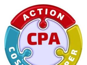 A circular infographic displaying the concept of CPA (Cost Per Action). The circle is divided into three colored puzzle pieces labeled "Action" (red), "Cost" (blue), and "Per" (yellow). "CPA" is prominently written in red in the center.