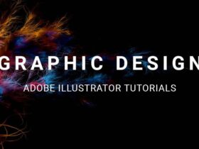 Abstract graphic with colorful, swirling light trails on a black background. Large white text in the center reads "Graphic Design" and smaller text below reads "Adobe Illustrator Tutorials".