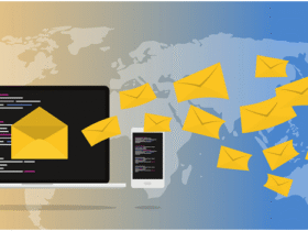 A laptop and smartphone display open yellow envelopes, symbolizing emails being sent. The background features a gradient world map, transitioning from beige on the left to blue on the right, with multiple envelopes flying towards the right side of the image.