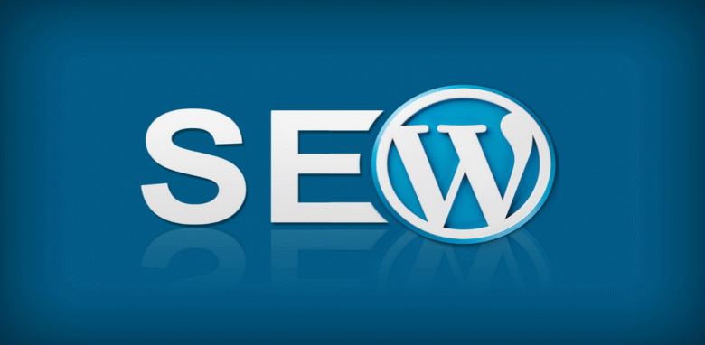 The image features the term "SEO" with the "O" replaced by the WordPress logo, set against a blue background. The WordPress logo is a stylized "W" inside a circle, seamlessly integrated into the term.