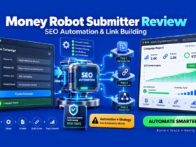 Realistic 3D editorial illustration of an SEO automation dashboard connecting campaign setup, backlink networks, link verification, and SEO performance analytics.