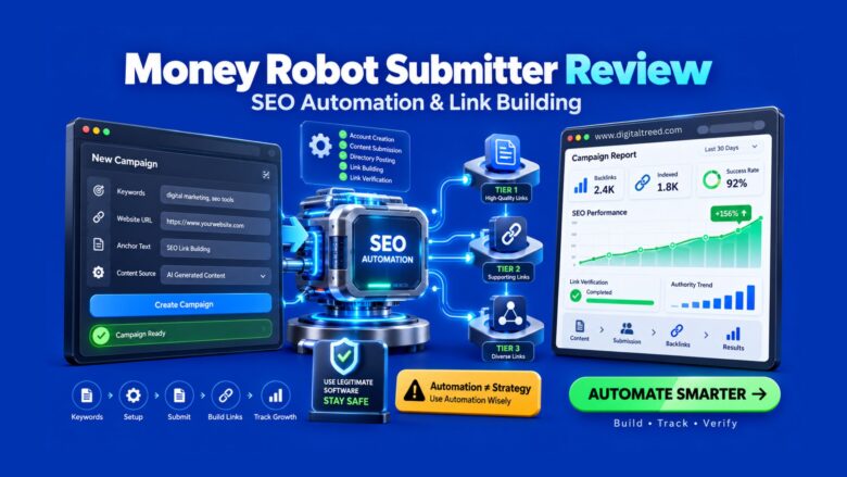 Realistic 3D editorial illustration of an SEO automation dashboard connecting campaign setup, backlink networks, link verification, and SEO performance analytics.