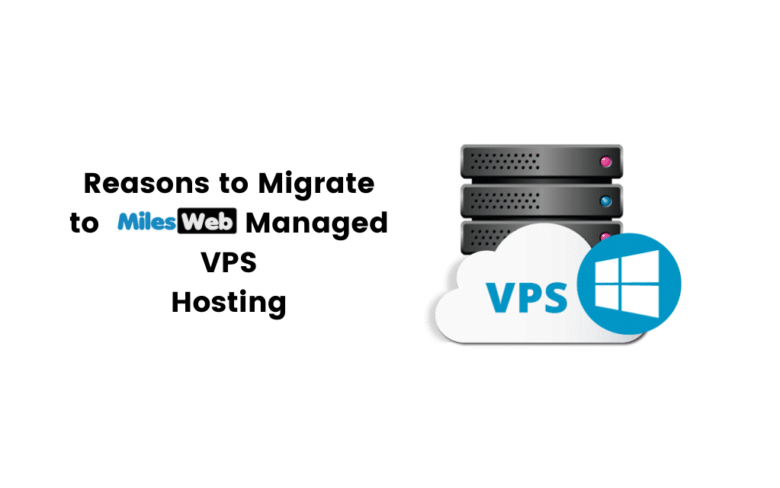 The image features text "Reasons to Migrate to MilesWeb Managed VPS Hosting" on the left, and an illustration on the right of three server stacks behind a cloud labeled "VPS" with a Windows logo.