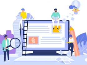 Illustration of four people interacting with an oversized computer screen. One person stands on a ladder inspecting content with a magnifying glass, another sits on top reading, a third person stands on the right holding papers, and a fourth with a giant pencil.