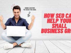 A man sitting cross-legged on the floor in front of a white brick wall, using a laptop and celebrating with his hands raised. Text on the right reads "How SEO Can Help Your Small Business Grow," and a smaller text points to him, saying, "Grow & Nurture the Ideas You Have.