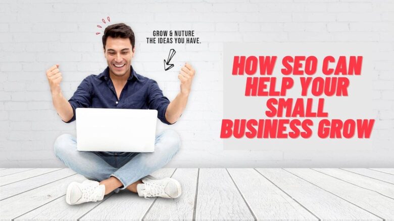 A man sitting cross-legged on the floor in front of a white brick wall, using a laptop and celebrating with his hands raised. Text on the right reads "How SEO Can Help Your Small Business Grow," and a smaller text points to him, saying, "Grow & Nurture the Ideas You Have.