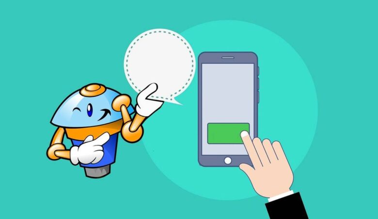Cartoon robot with a blue and orange body gestures with a speech bubble. A hand touches a green button on a smartphone screen. The background is teal, and the scene suggests interaction between the robot and the phone.