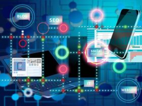 Digital illustration showing interconnected elements of online marketing, including a laptop, smartphone, graphs, and icons for "Blog," "SEO," "Social Media," "IT," and "Website." The background features a blue network pattern with vibrant colored lights.