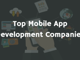 A graphic with a dark background features illustrations of tech-related icons like a laptop, cloud storage, a graph, a photo, and a globe. Text in the center reads "Top Mobile App Development Companies" in white, bold letters.