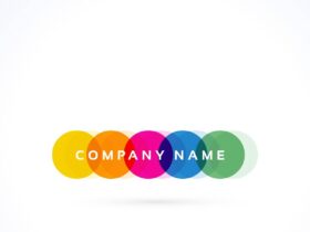 A logo featuring seven overlapping circles in different colors (yellow, orange, red, magenta, blue, teal, and green) with the text "COMPANY NAME" in white capital letters displayed across the center on a white background.