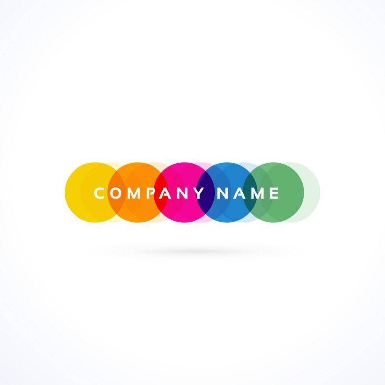 A logo featuring seven overlapping circles in different colors (yellow, orange, red, magenta, blue, teal, and green) with the text "COMPANY NAME" in white capital letters displayed across the center on a white background.