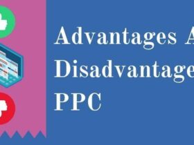 Illustration with a pink and blue background. On the left, there's a laptop screen with the text "Pay Per Click" beside it. Above the laptop is a green thumbs-up icon and below it is a red thumbs-down icon. On the right, white text reads, "Advantages And Disadvantages Of PPC".