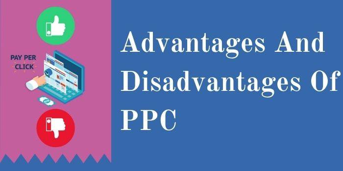 Illustration with a pink and blue background. On the left, there's a laptop screen with the text "Pay Per Click" beside it. Above the laptop is a green thumbs-up icon and below it is a red thumbs-down icon. On the right, white text reads, "Advantages And Disadvantages Of PPC".