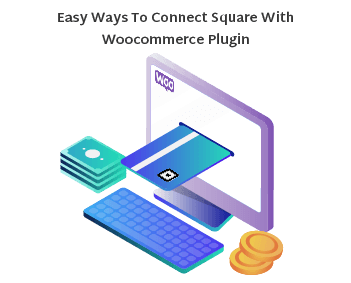 Illustration showing a computer monitor displaying a credit card being inserted, next to a keyboard and a stack of cash and coins. The text above reads "Easy Ways To Connect Square With Woocommerce Plugin.