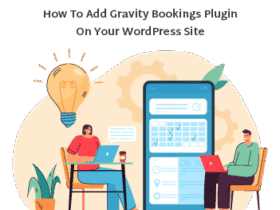 Illustration of two people sitting at tables with laptops, discussing how to add the Gravity Bookings plugin to a WordPress site. One person is next to a large lightbulb, symbolizing ideas, and a giant smartphone screen displays a schedule and checklists.