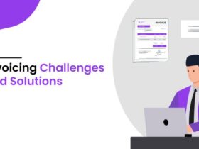 Illustration of a person in a purple suit jacket working on a laptop, with documents pinned to a wall in the background. Text reads "Invoicing Challenges and Solutions." The image features a clean, modern design.
