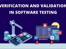 Illustration showing the concepts of verification and validation in software testing. It includes a crane constructing a mobile app with gears and coding icons, and a desktop with software tools like Java, Swift, and other development symbols.