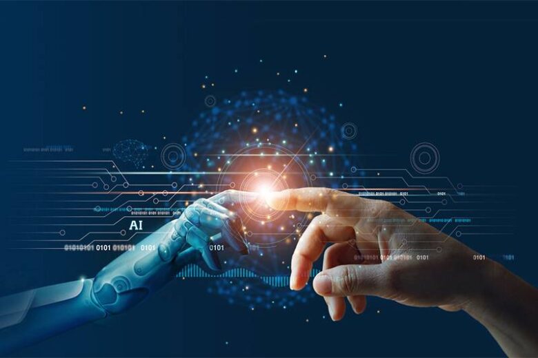 A human hand and a robotic hand reach out to touch fingertips against a dark background filled with digital circuitry and binary code. A glowing orb at their point of contact symbolizes connection or collaboration between humans and artificial intelligence.