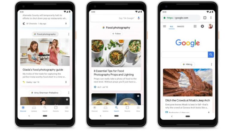 Three smartphones display different screens. The first shows a food photography guide with two people in a kitchen. The second features eight tips for food photography with bowls of food. The third screen displays a Google search for hiking, showing search results including an article about hiking locations.