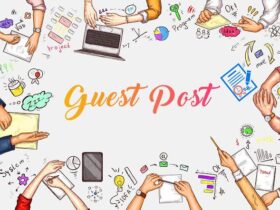 Illustration featuring multiple hands engaged in various activities surrounding the text "Guest Post" in the center. Activities include writing, holding gadgets, drawing, and using office supplies, symbolizing collaboration and creativity. The background is white.