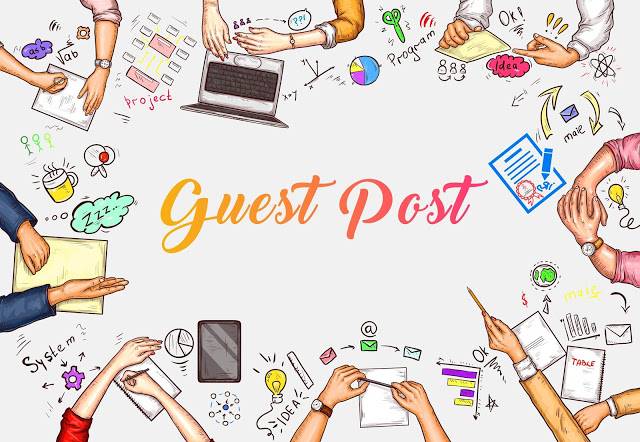 Illustration featuring multiple hands engaged in various activities surrounding the text "Guest Post" in the center. Activities include writing, holding gadgets, drawing, and using office supplies, symbolizing collaboration and creativity. The background is white.