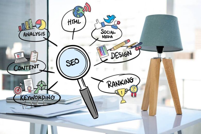 A desk with documents and a lamp. A transparent overlay shows a magnifying glass labeled "SEO" with connected bubbles labeled Keywording, Content, Analysis, HTML, Social Media, Design, and Ranking, representing various aspects of SEO strategy.
