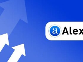 Three upward-pointing white arrows of varying lengths on a blue gradient background with the Alexa logo, consisting of a circular blue icon with a white "a" and the word "Alexa" in black text next to it.