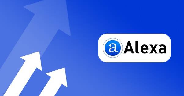 Three upward-pointing white arrows of varying lengths on a blue gradient background with the Alexa logo, consisting of a circular blue icon with a white "a" and the word "Alexa" in black text next to it.