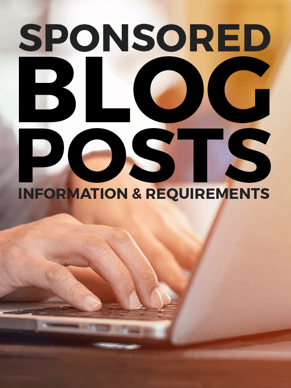 Close-up of a person's hands typing on a laptop keyboard. The words "Sponsored Blog Posts" are in large, bold letters at the top, with "Information & Requirements" in smaller text underneath. The background is blurred, highlighting the focus on the text and hands.