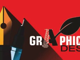 Image of text "Graphic Design" on a red background. The letters "GRAPHIC" have symbols integrated: a leaf as the "A" and a pen nib as the "I". A ruler, pen, and pencil are positioned to the left, accenting the design theme.