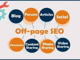 An infographic on Off-page SEO, highlighting various elements: Blog, Forums, Articles, Social, Directories, Content Sharing, Photo Sharing, and Video Sharing. The elements are linked with dotted lines, and a wrench and gear icons are shown in the top left corner.