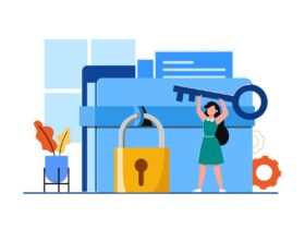 Illustration of a woman holding an oversized key, standing beside large folders and a yellow padlock. A potted plant and gears are visible in the background, symbolizing data security and access.