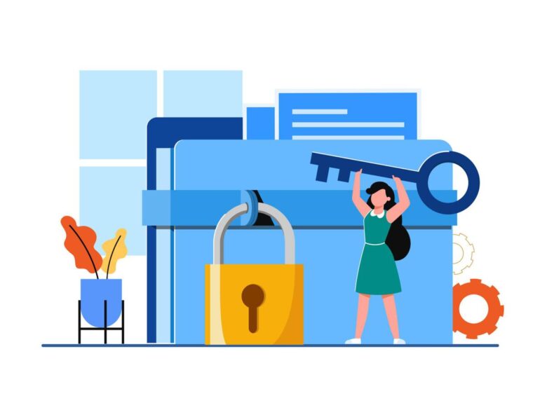 Illustration of a woman holding an oversized key, standing beside large folders and a yellow padlock. A potted plant and gears are visible in the background, symbolizing data security and access.