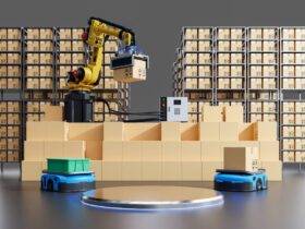 A robotic arm is stacking cardboard boxes on a conveyor in a warehouse, with numerous boxes on shelves in the background. Two blue automated guided vehicles carrying boxes are also visible, highlighting efficient automation in logistics.