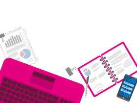 Illustration of a pink laptop, open notebook with charts and graphs, several documents with graphs and a clipboard, and a smartphone displaying a messaging app, all arranged on a white surface.