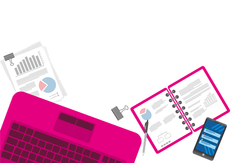 Illustration of a pink laptop, open notebook with charts and graphs, several documents with graphs and a clipboard, and a smartphone displaying a messaging app, all arranged on a white surface.
