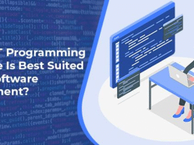 Illustration of a person seated at a desk, working on a laptop with codes displayed on both the laptop screen and an adjacent larger screen. Text on the image reads, "Which IoT programming language is best suited for IoT software development?" Background shows blurred code.