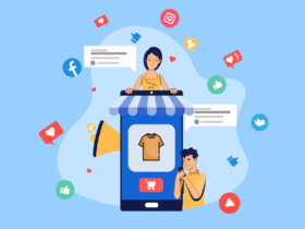 Illustration of two people using a giant smartphone with a shopping app featuring a T-shirt. Social media icons and notifications surround them, indicating online engagement. The background is blue with floating chat bubbles and symbols for likes, comments, and shares.