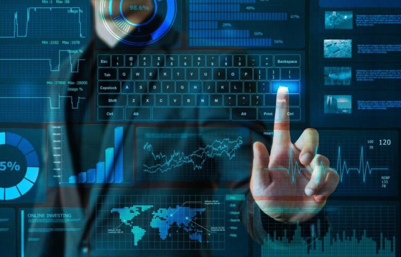 A person interacts with a futuristic touchscreen interface displaying various financial charts, graphs, and data visualizations. They are pressing a key on a virtual keyboard, surrounded by technological and financial graphics including a world map and pie charts.