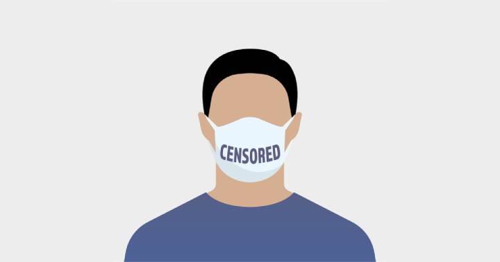 Illustration of a person wearing a face mask labeled "CENSORED" on the front. The figure is depicted from the shoulders up, and the background is light gray. The person has short, dark hair and is wearing a blue shirt.